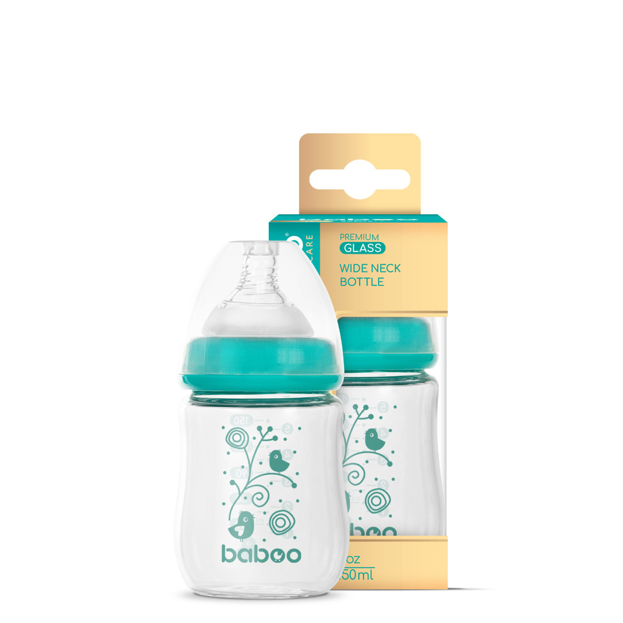 Baboo stiklinis buteliukas plataus kaklelio, 150 ml, 0+ mėn