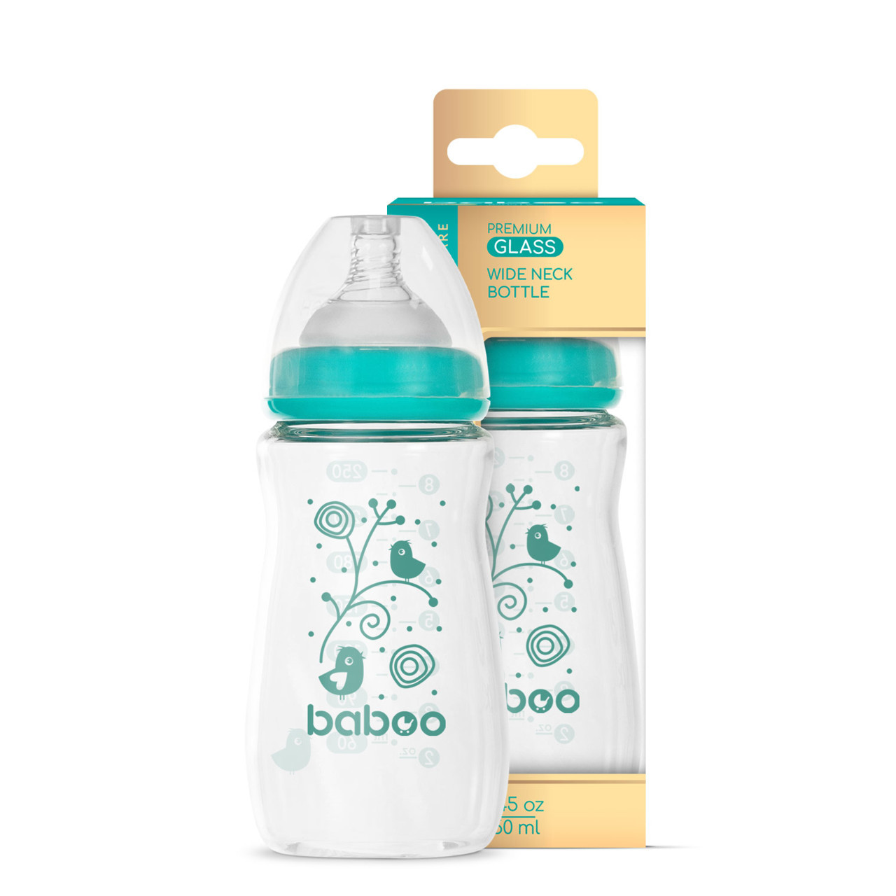 Baboo Anti-Colic Stiklinis Maitinimo Buteliukas, Plataus Kaklelio, 250 ml, 3+ Mėn