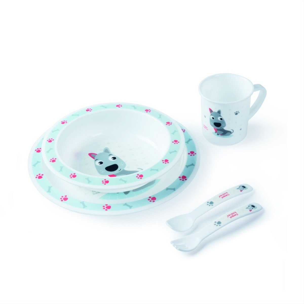 CANPOL BABIES, plastikinių indų ir įrankių rinkinys, 5 dalių, šuniukas, 4/401