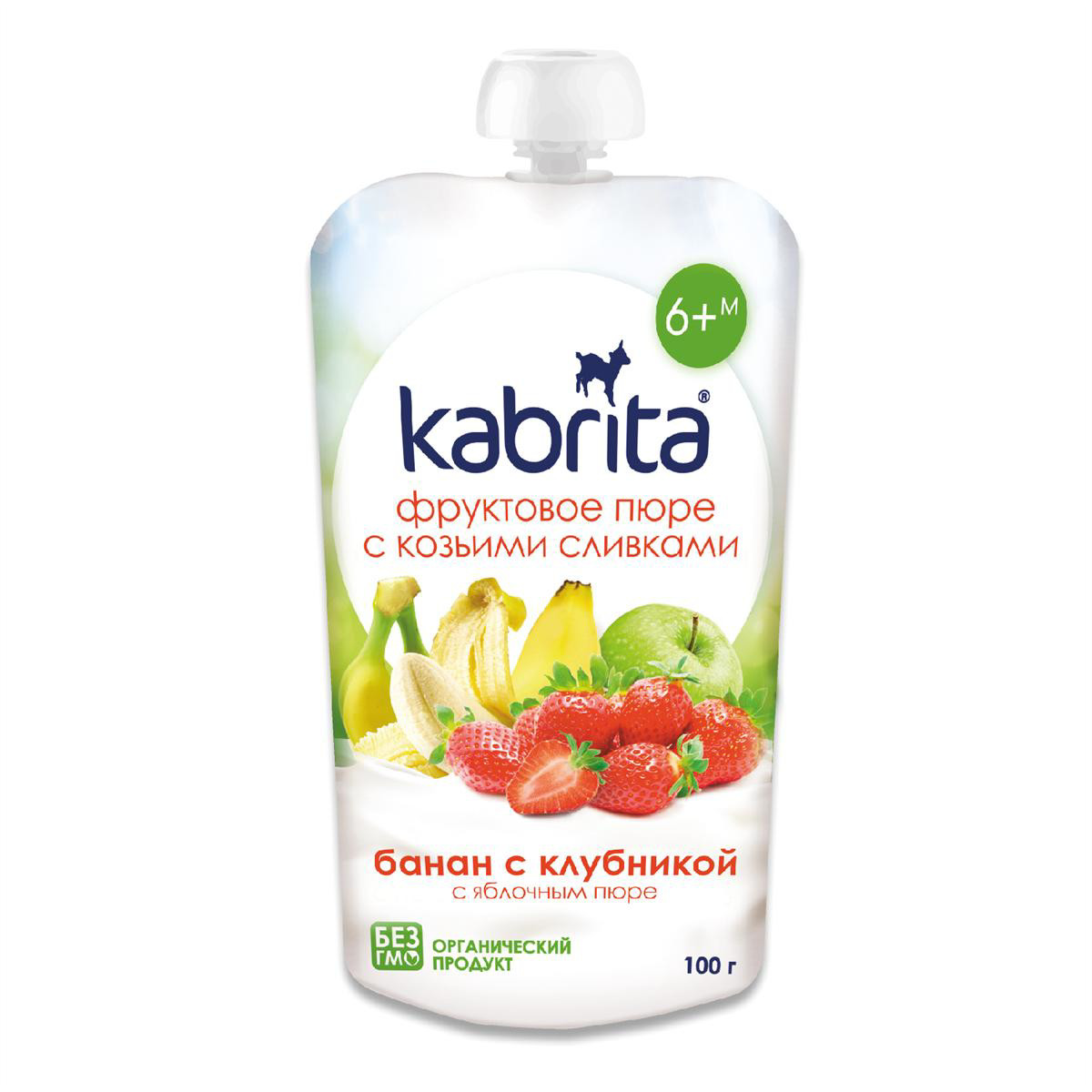 KABRITA, obuolių-bananų-braškių tyrelė  su ožkos pieno grietinėle, nuo 6 mėn., 100 g.