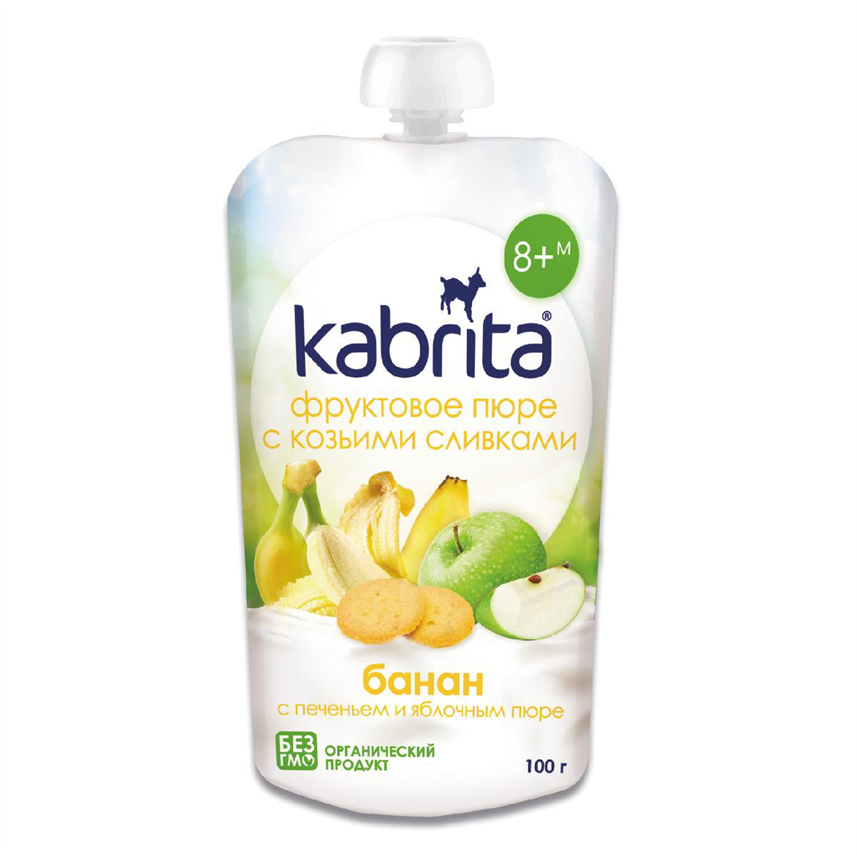 KABRITA, obuolių ir bananų tyrelė  su sausainiais ir ožkos pieno grietinėle, nuo 8 mėn., 100 g.