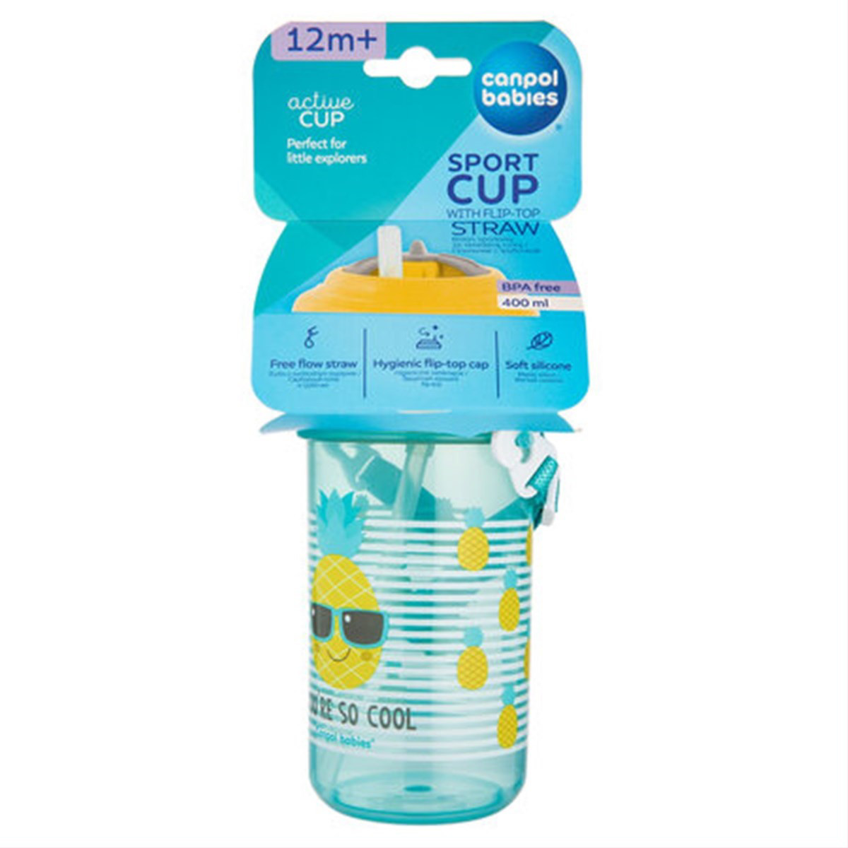 CANPOL BABIES SO COOL, gertuvė su dirželiu ir silikoniniu šiaudeliu, geltonas, 4/102, 400 ml