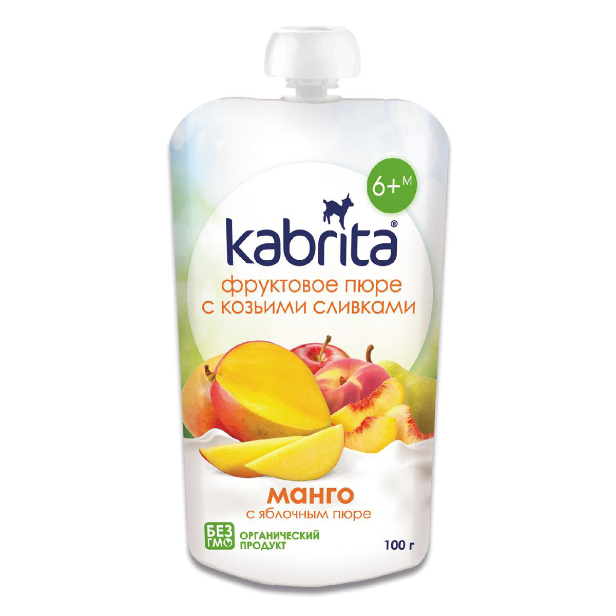 KABRITA, mango ir obuolių tyrelės  su ožkos pieno grietinėle, nuo 6 mėn., 100 g.