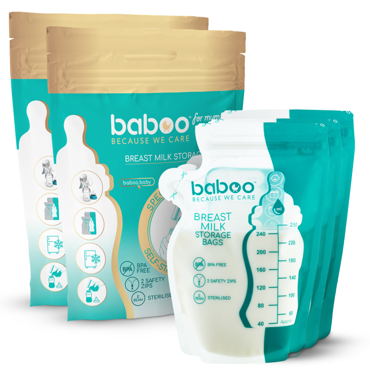Baboo maišeliai mamos pienui laikyti, 250 ml, 50 vnt.
