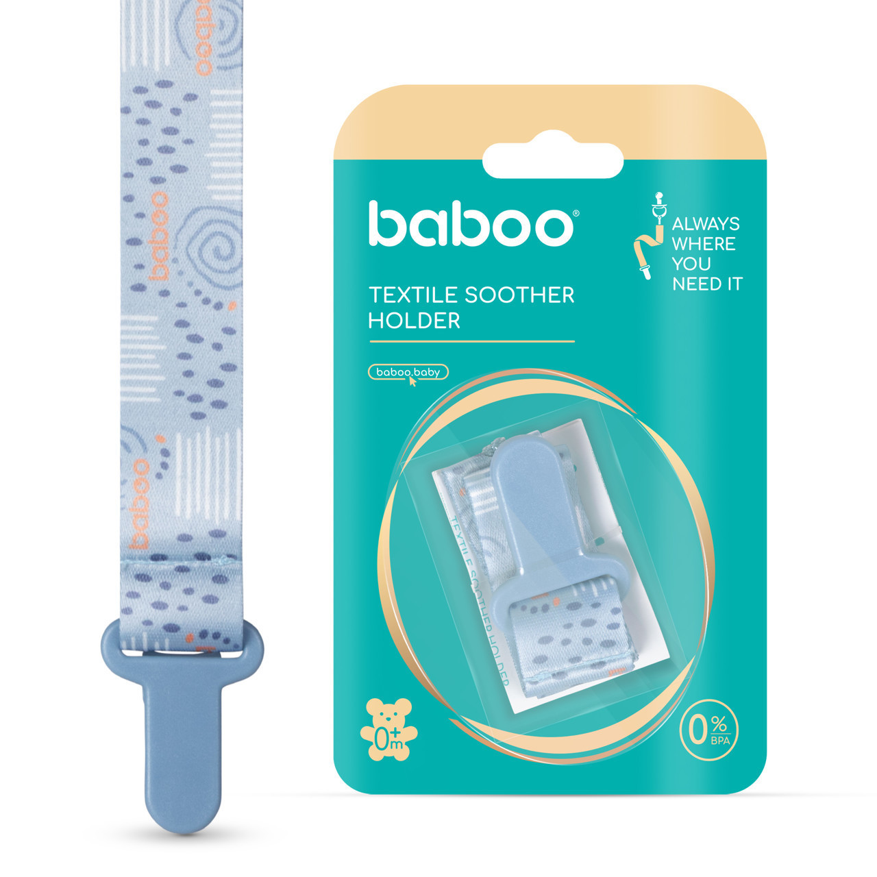 BABOO® tekstilinis čiulptuko laikiklis, Blue Haze, 0+ mėn