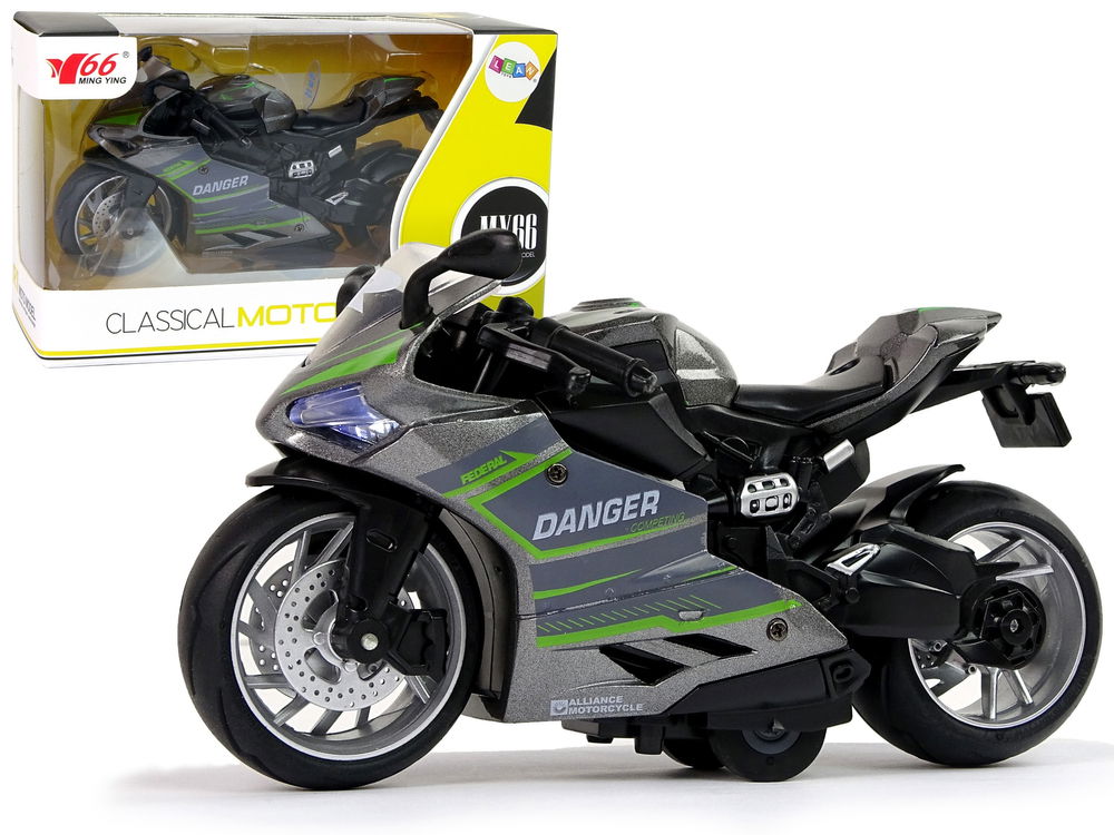 Sportinis motociklas su garso ir šviesos efektais, 1:12, pilkas/žalias