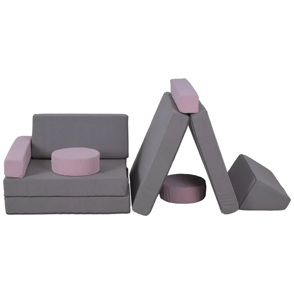 Modulinė vaikiška sofa, 12 dalių minkštos statybinės kaladėlės, vaikams nuo 18 mėnesių, pilka/rožinė