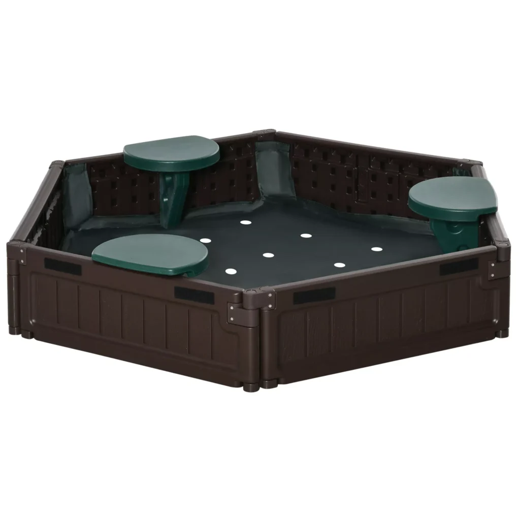Smėlio dėžė su 3 sėdimomis vietomis, HDPE, brezentas, skirta 3-12 metų vaikams, Ø120x21cm, ruda