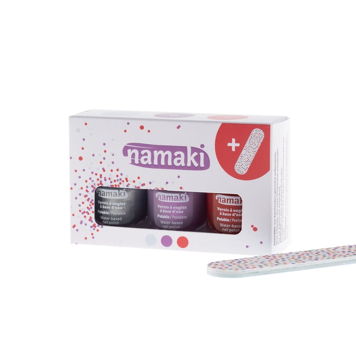 NAMAKI cosmetics - nagų lako komplektas - Box of 3 varnishes Silver (06) - Mauve (16) - Cherry (11) + free file