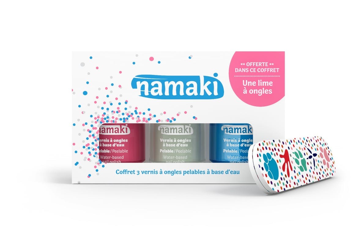 NAMAKI cosmetics - nagų lako komplektas Box of 3 nail polishes Pink(02) - White(05) - Sky blue(08) + free file