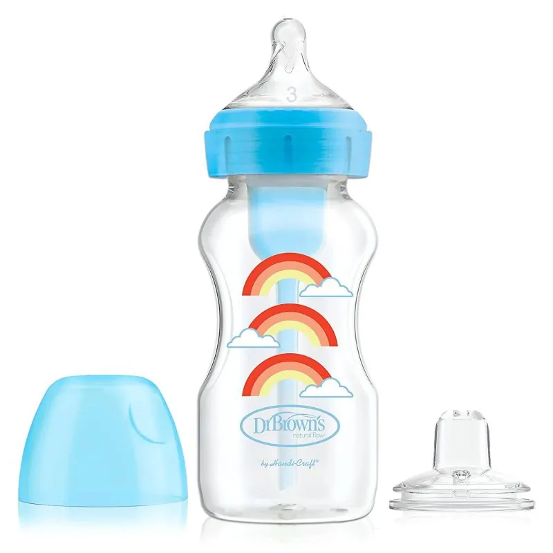 DR.BROWN'S buteliukas pereinamasis OPTIONS+ plačiu kakleliu, mėlynas 270ml + silikoninis snapelis