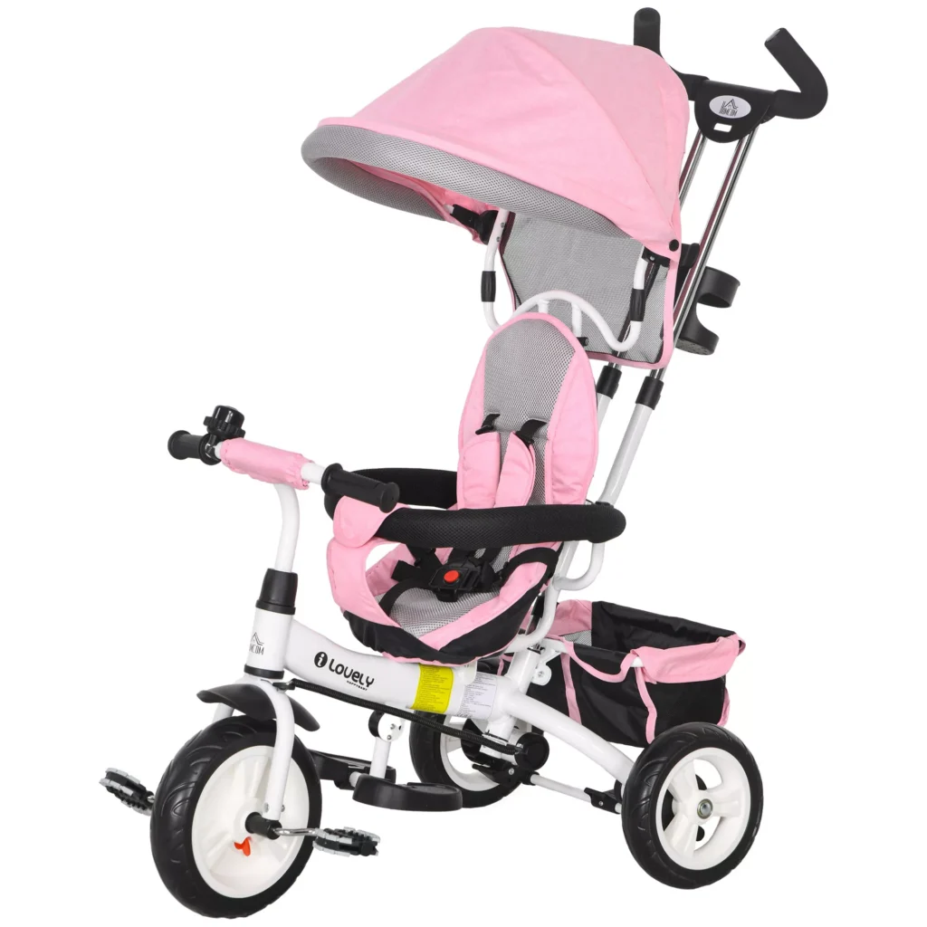 HOMCOM 6-in-1 triratukas su stūmimo rankena, vaikiškas triratukas su nuimamu stogeliu nuo saulės, su 5 taškų saugos diržais, krepšeliu, gėrimų laikikliu, vaikams nuo 1 iki 5 metų, rožinis