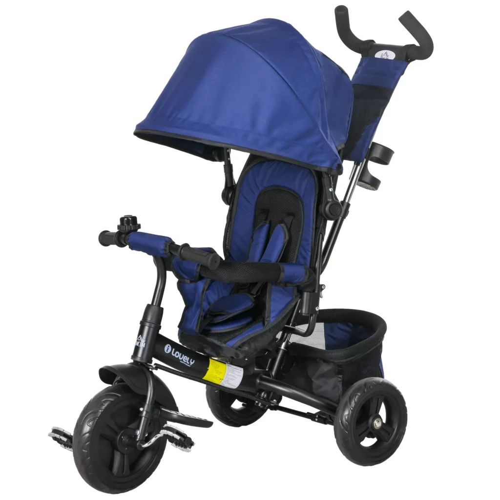 HOMCOM 6-in-1 triratukas su stūmimo rankena, vaikiškas triratukas su nuimamu stogeliu, pagalvėle, balansinis dviratukas su 5 taškų saugos diržais, krepšiu, puodelių laikikliu, vaikams nuo 1 iki 5 metų, tamsiai mėlynas