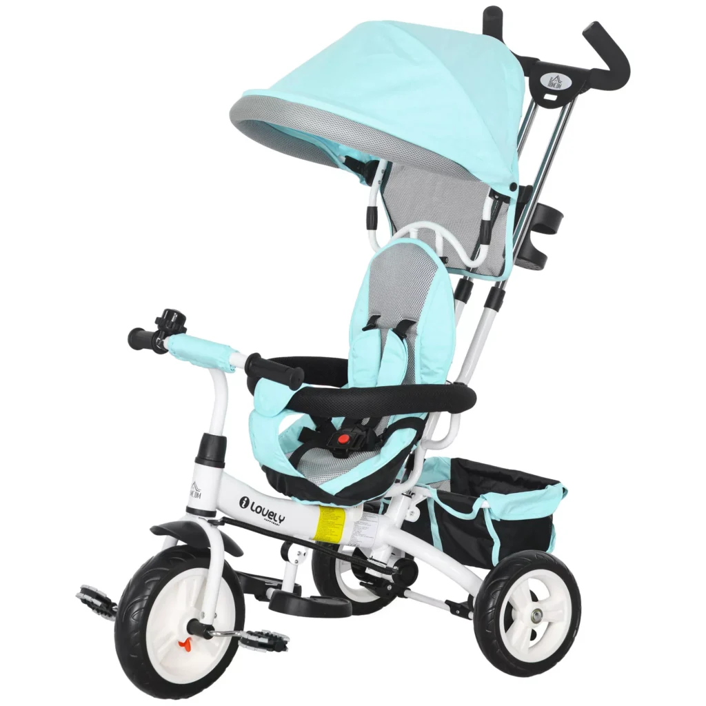 HOMCOM 6-in-1 triratukas su stumiamąja rankena, vaikų triratukas su nuimamu stogeliu nuo saulės, su 5 taškų saugos diržais, krepšiu, gėrimų laikikliu, skirtas 1-5 metų vaikams, žalias