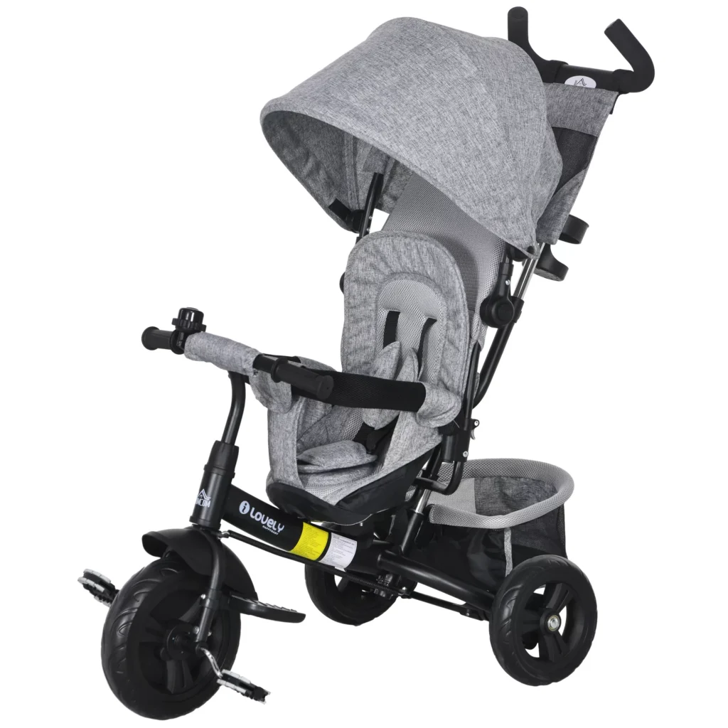 HOMCOM 6-in-1 triratis su stumiamąja rankena, vaikiškas triratis su nuimamu stogeliu nuo saulės, pagalvėle, stumdukas su 5 taškų saugos diržais, krepšeliu, puodelių laikikliu, skirtas 1-5 metų vaikams, pilkas