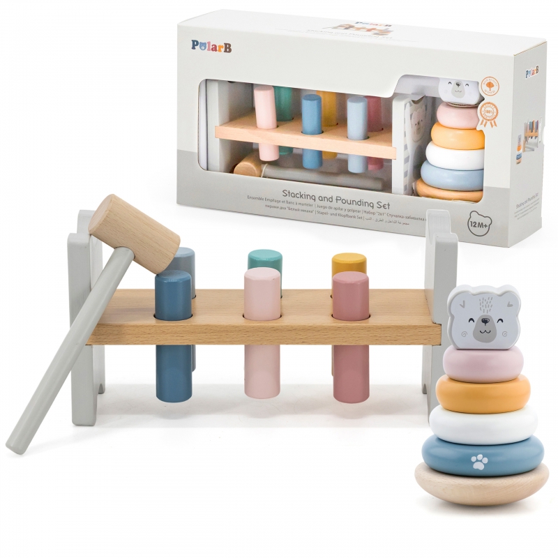 Medinis lavinamasis žaislas VIGA PolarB Medinė piramidė + plaktukas Montessori