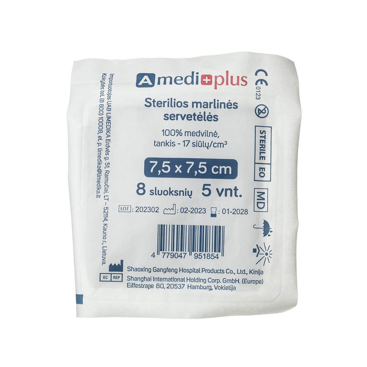 AMEDIPLUS, servetėlės sterilios marlinės 7,5x7,5cm, 8 sluoksnių N5
