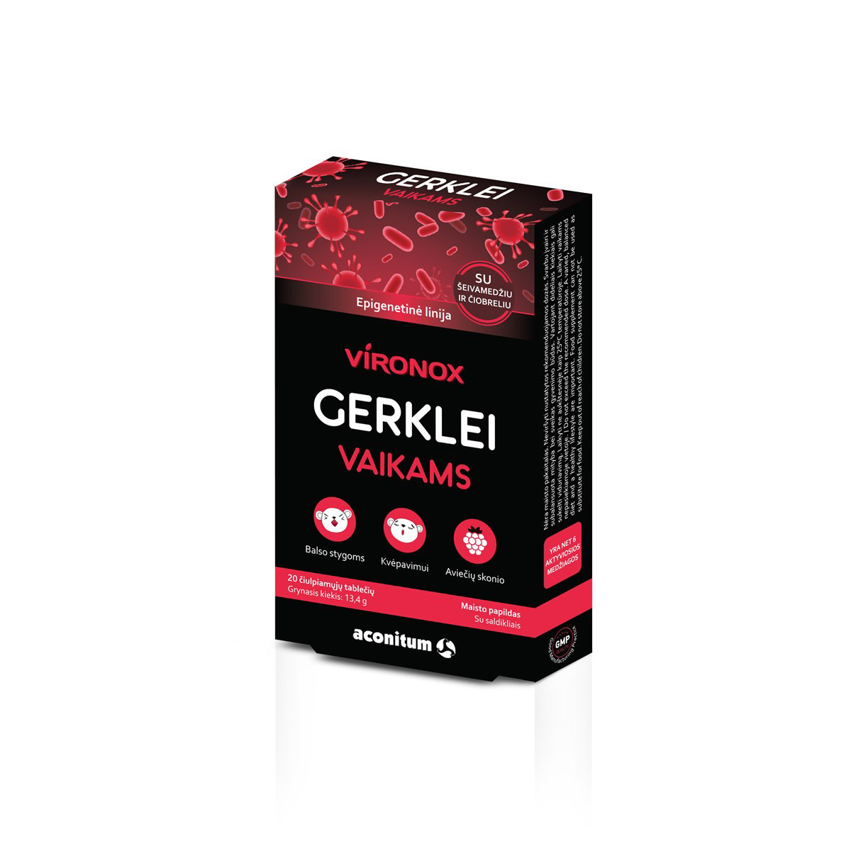 VIRONOX, gerklei vaikams, aviečių skonio, 20 čiulpiamųjų tablečių