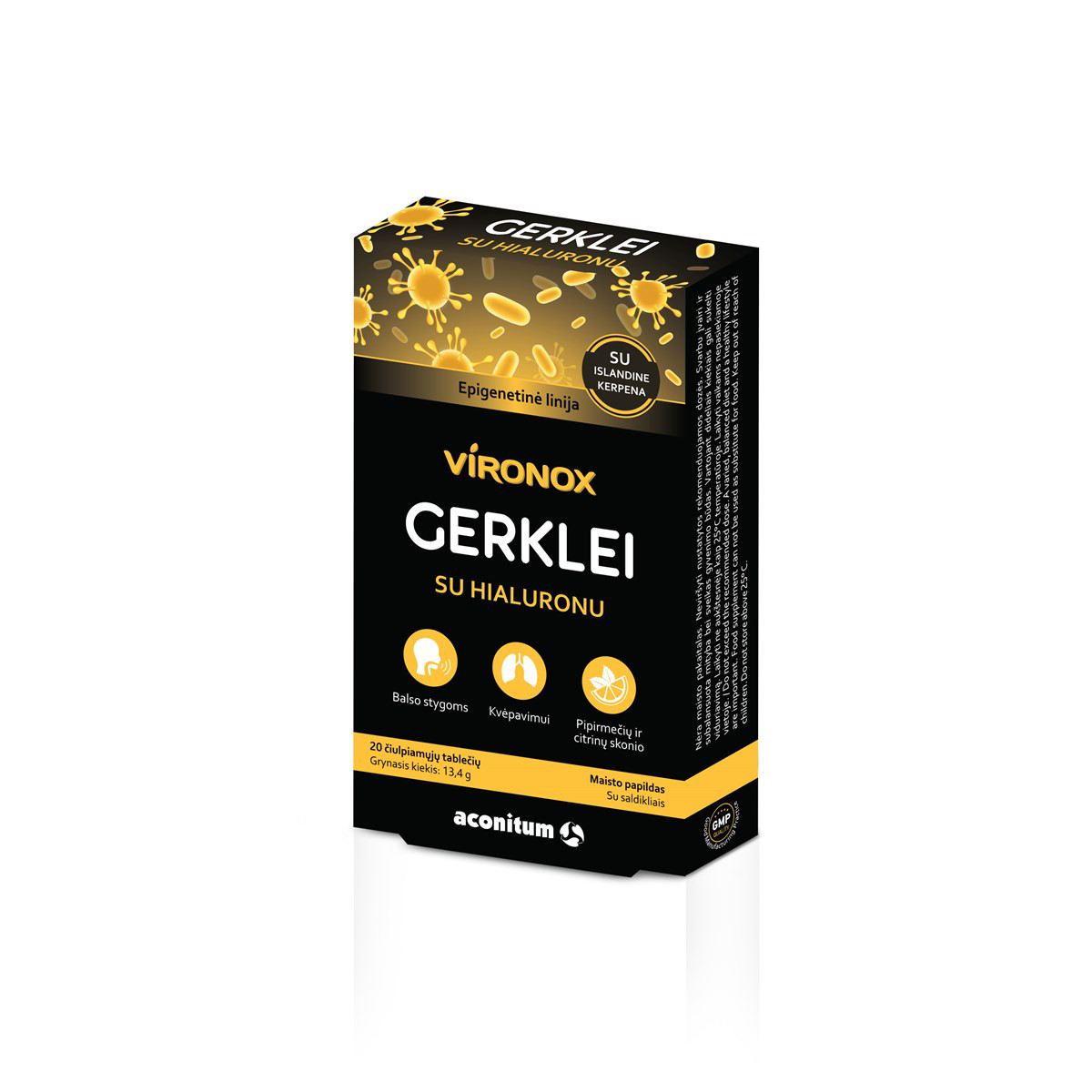 VIRONOX, gerklei su hialuronu, pipirmėčių ir citrinų skonio, 20 čiulpiamųjų tablečių