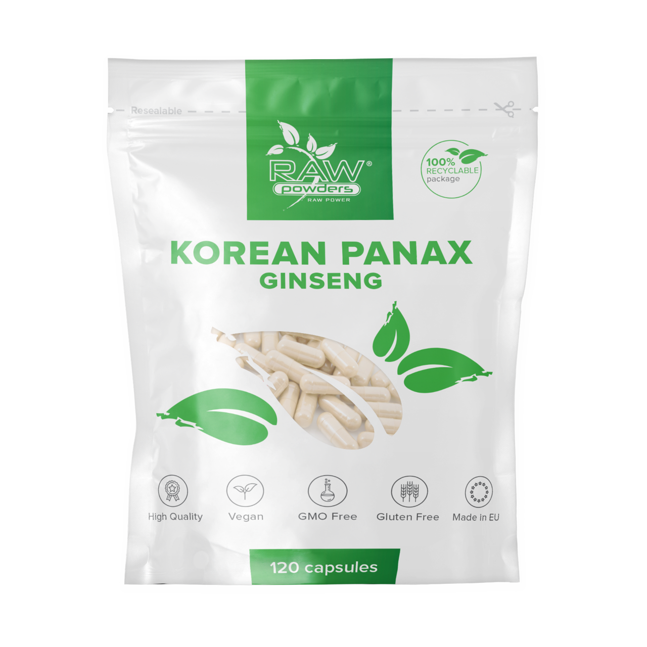 RAW POWDERS KORĖJOS ŽENŠENIS 200 mg, 120 kapsulių