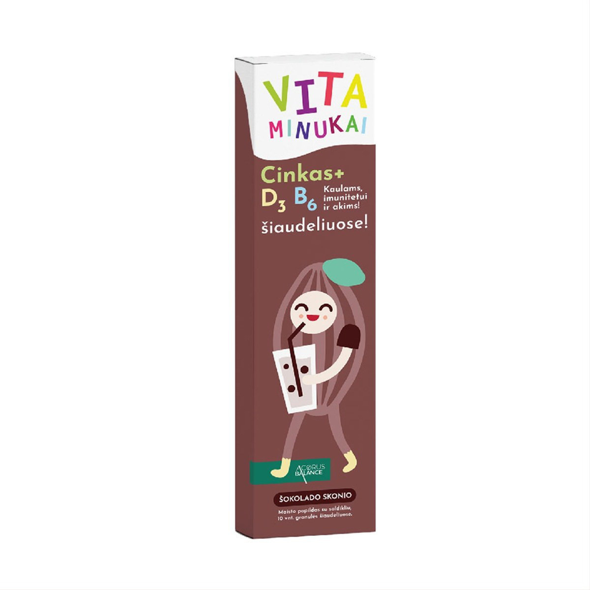 ACORUS BALANCE VITAMINUKAI, vitaminai šiaudeliuose su vitaminu D3 šokolado skonio, 60g, N10