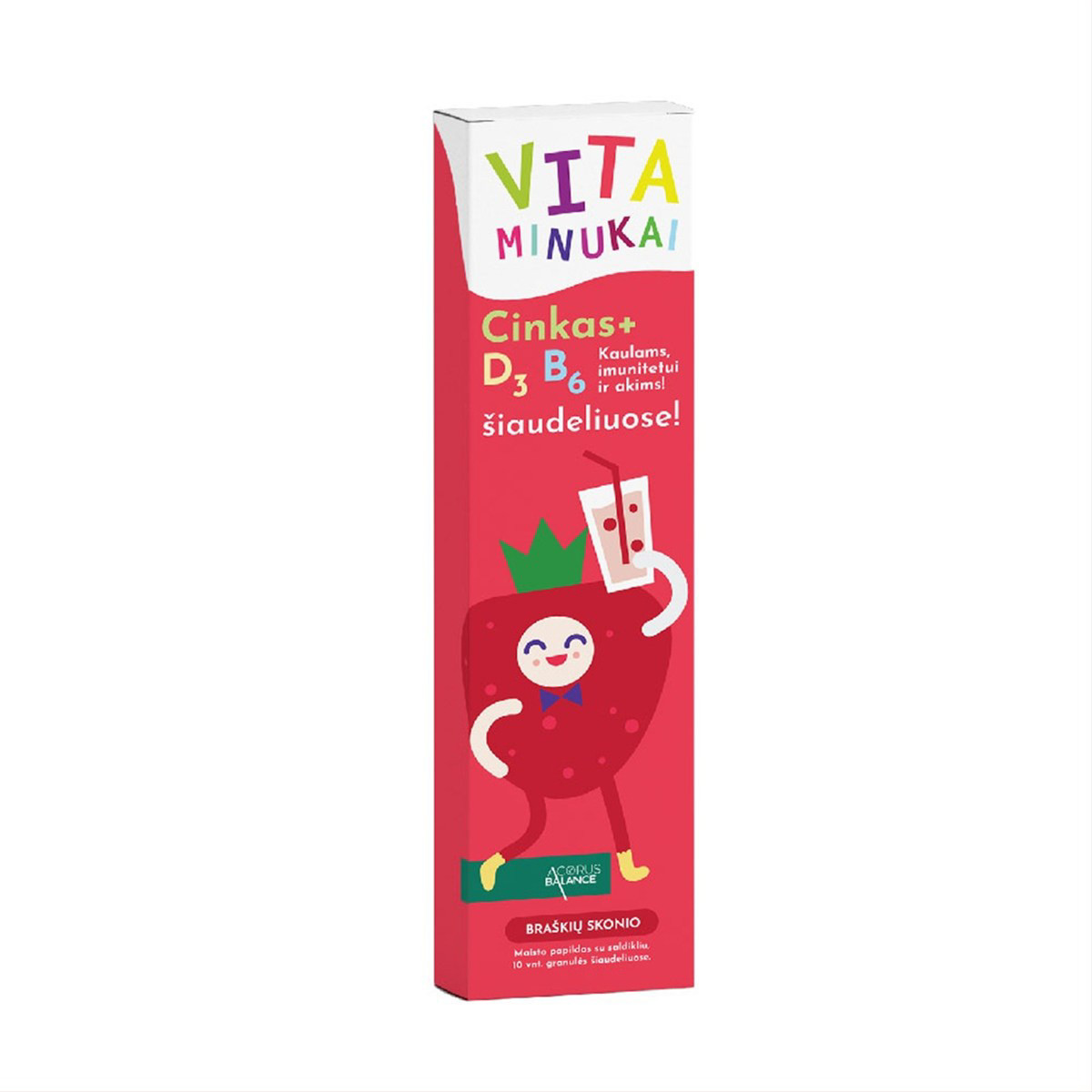ACORUS BALANCE VITAMINUKAI, vitaminai šiaudeliuose su vitaminu D3 braškių skonio, 60g, N10