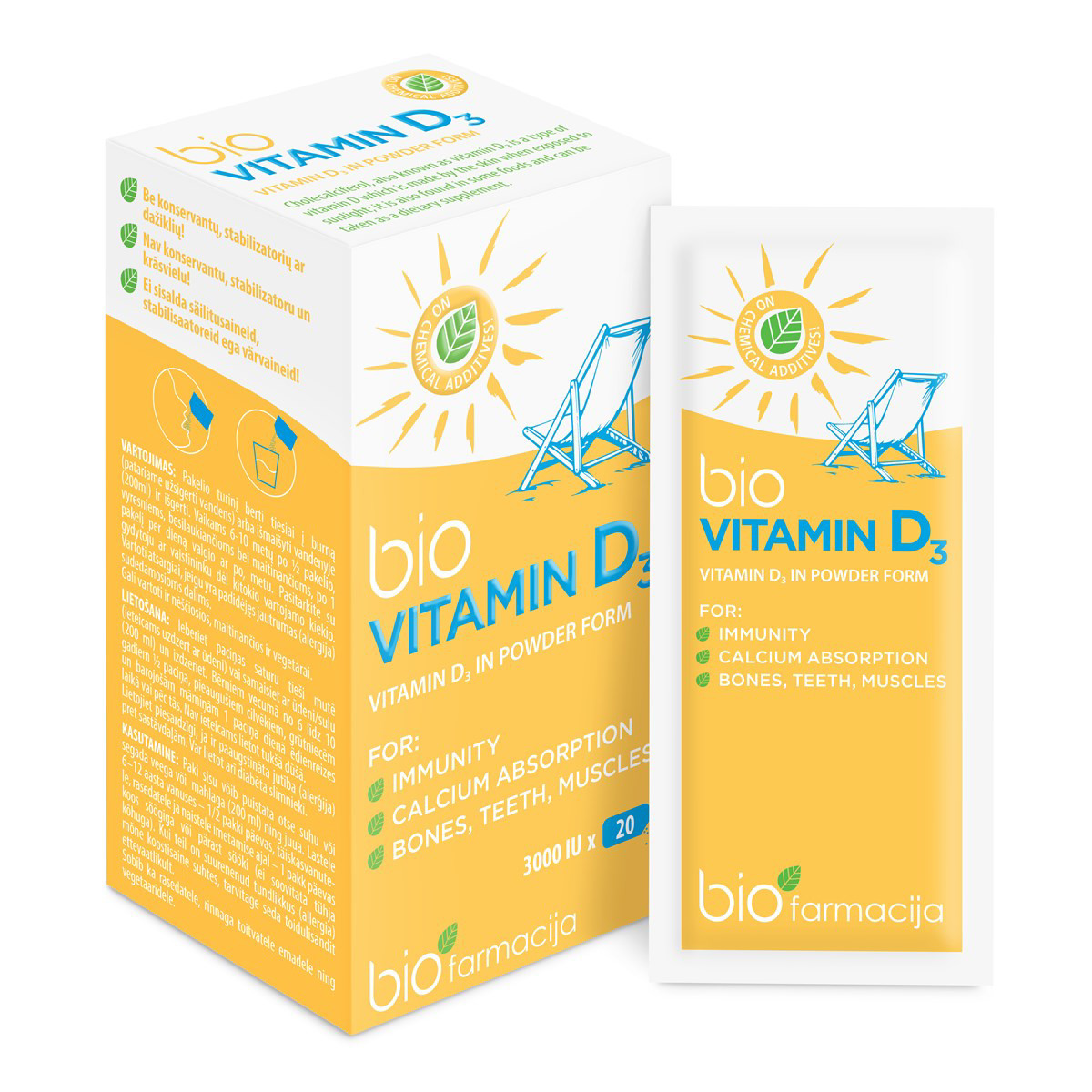 BIOVITAMINAS D3, milteliai pakeliuose, 20 vnt.