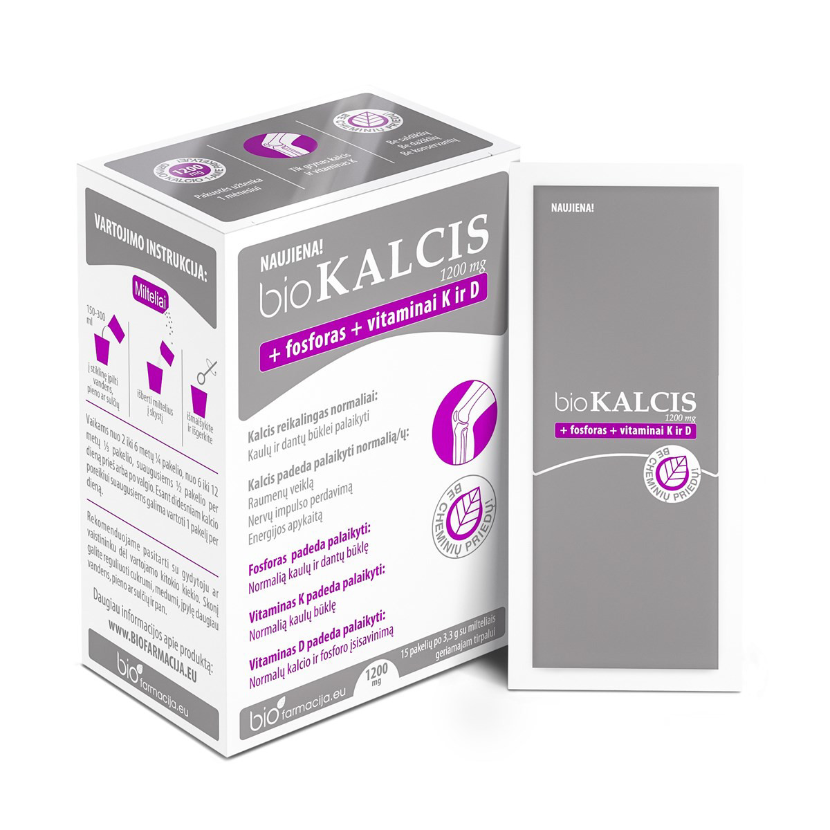 bioKALCIS 1200 mg + FOSFORAS + VITAMINAI K ir D, milteliai pakeliuose, 15 vnt.