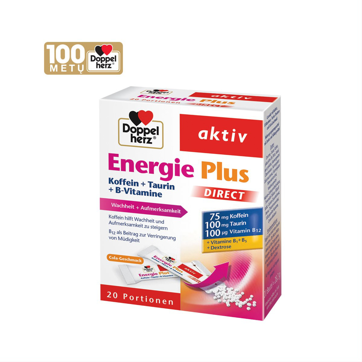 DOPPELHERZ AKTIV ENERGIE PLUS DIRECT KOFFEIN + TAURIN + B-VITAMINE,  20 paketėlių