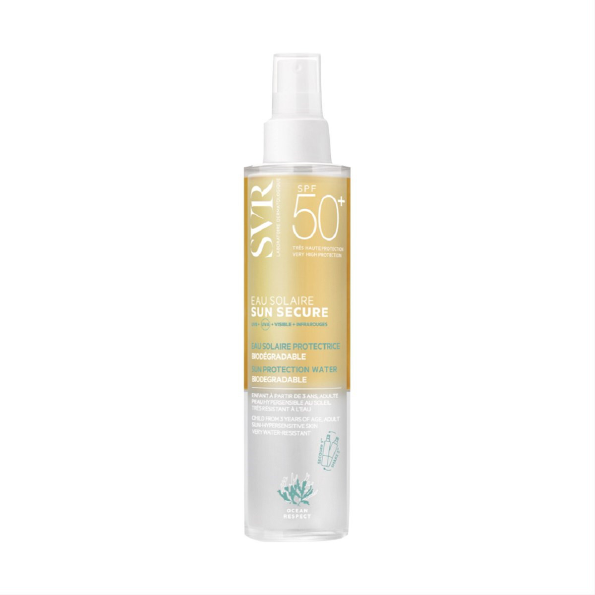 SVR SUN SECURE EAU SOLAIRE SPF50+. purškiamas dvifazis vanduo nuo saulės, 200ml