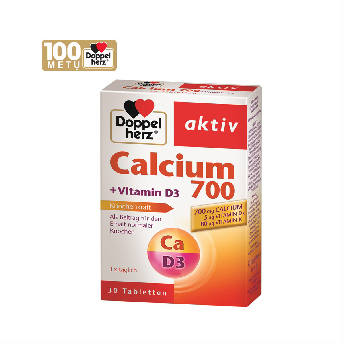 DOPPELHERZ AKTIV CALCIUM 700 + VITAMIN D3, 30 tablečių