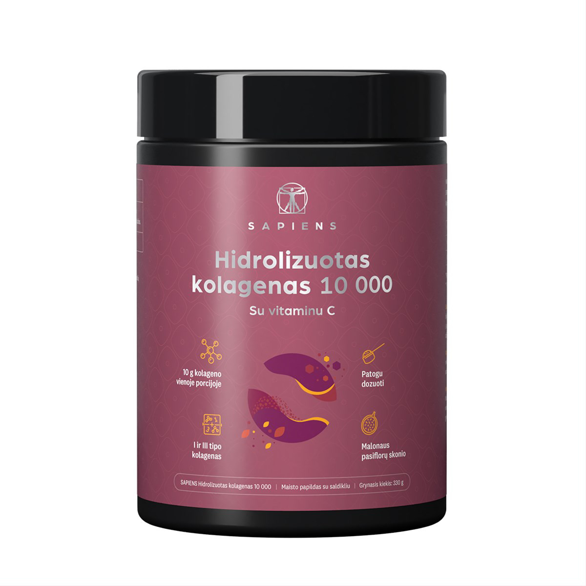SAPIENS, hidrolizuotas kolagenas, 10000 mg, pasiflorų skonio, 330 g