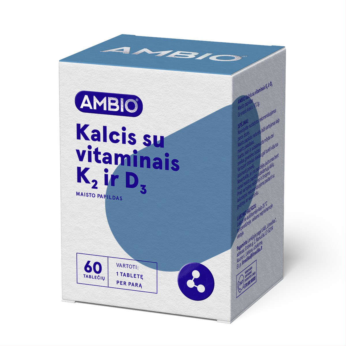 AMBIO KALCIS SU VITAMINAIS K2 IR D3, 60 tablečių