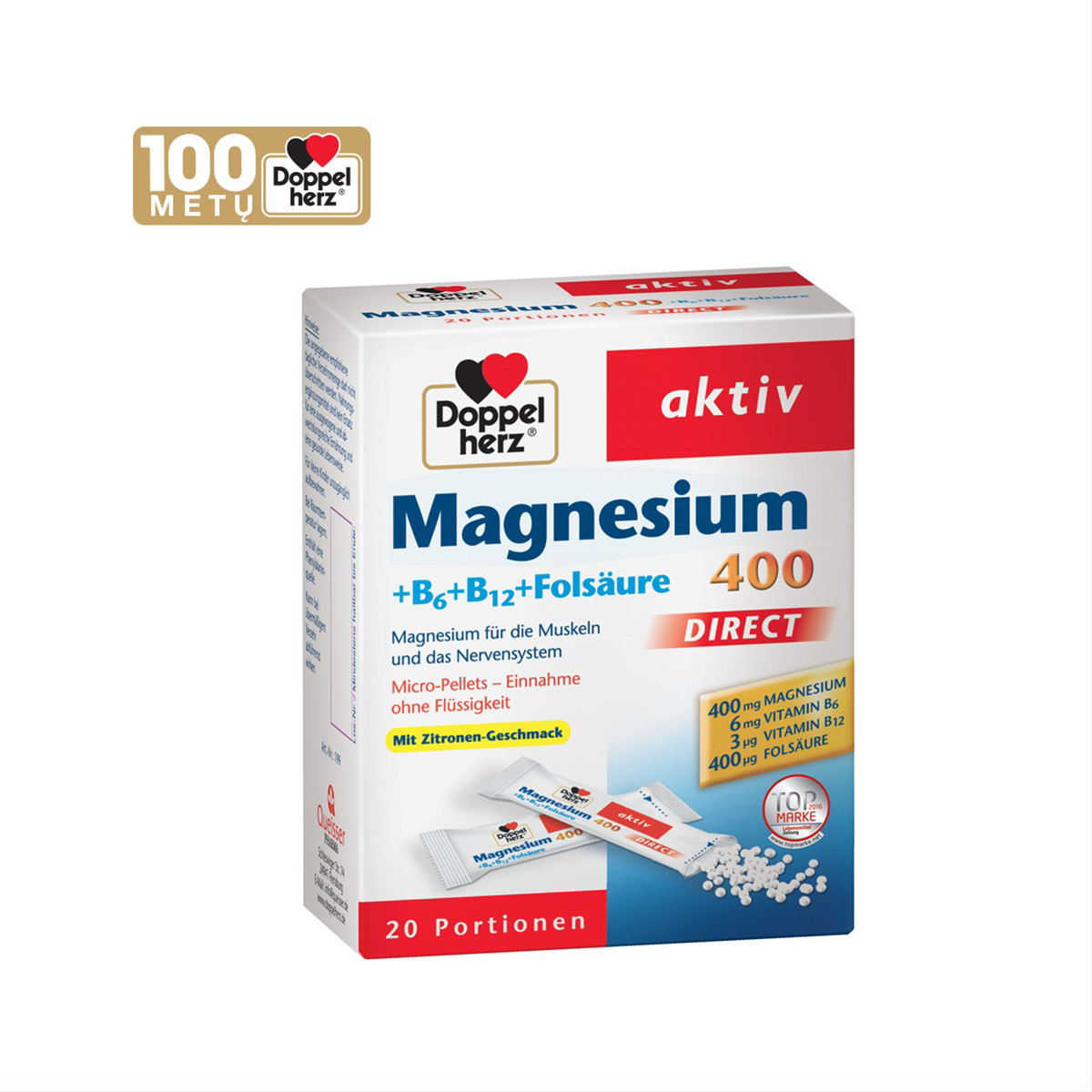 DOPPELHERZ MAGNESIUM 400 DIRECT, 20 mikrogranulių paketėlių