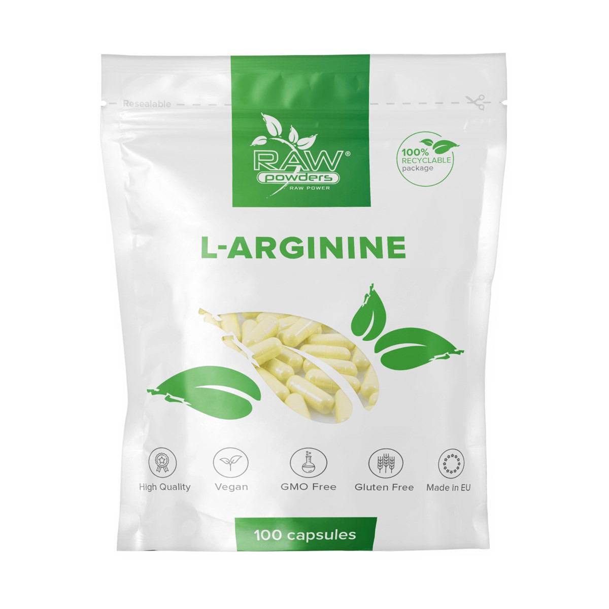 RAW POWDERS, L-Argininas, kapsulės, 500mg, N100