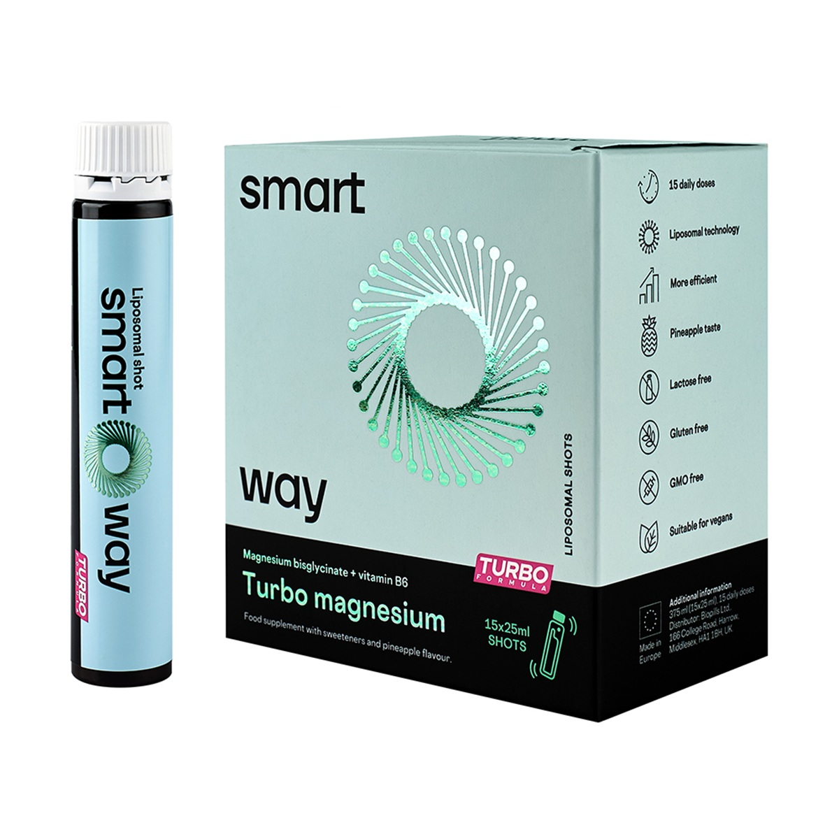 SMART WAY LIPOSOMINIS MAGNESIUM 525mg+B6, Turbo shots, 25 ml, 15 vnt.