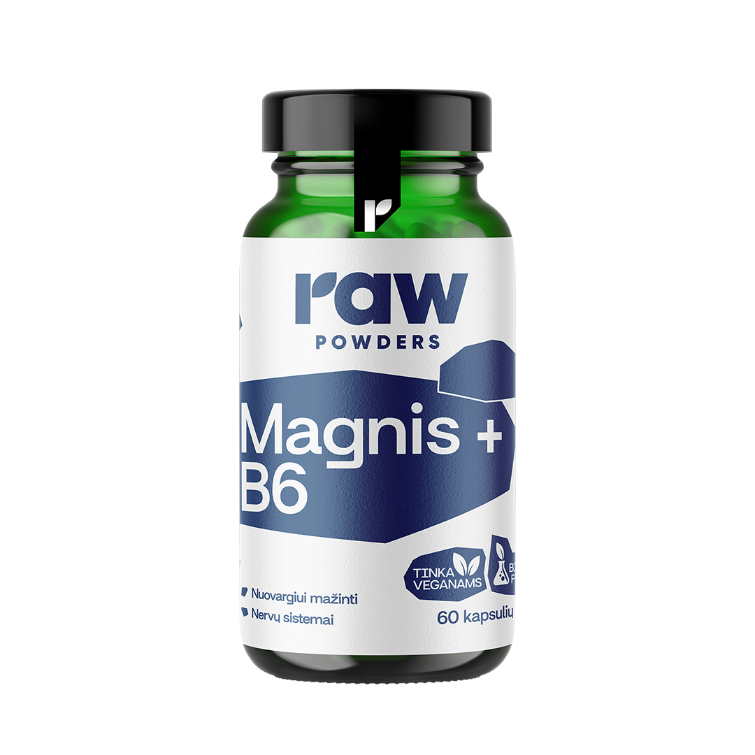 RAW POWDERS Bioaktyvus magnis su vitaminu B6 PLUS, 60 kapsulių