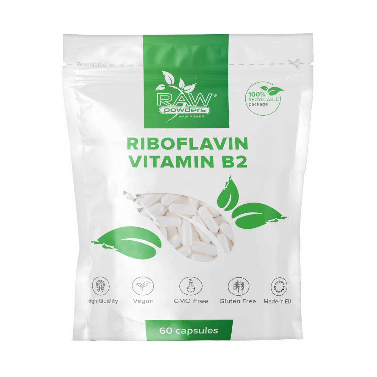 RAW POWDERS RIBOFLAVINAS (VITAMINAS B2) 100 mg, 60 kapsulių