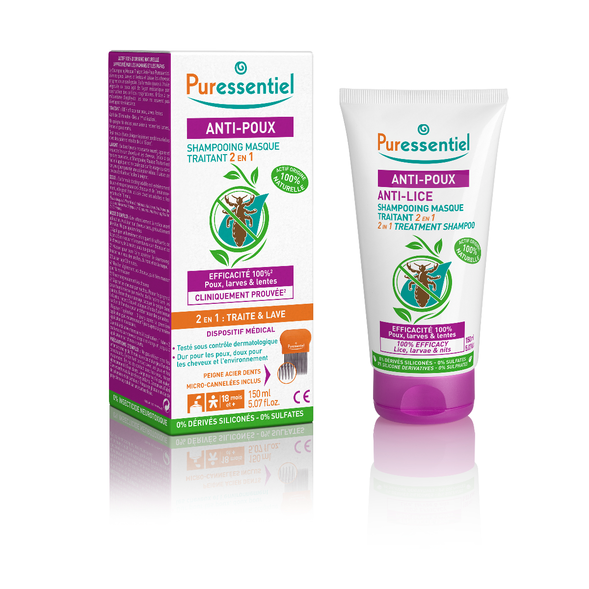 PURESSENTIEL 2 IN 1, gydomasis šampūnas nuo utėlių, 150ml