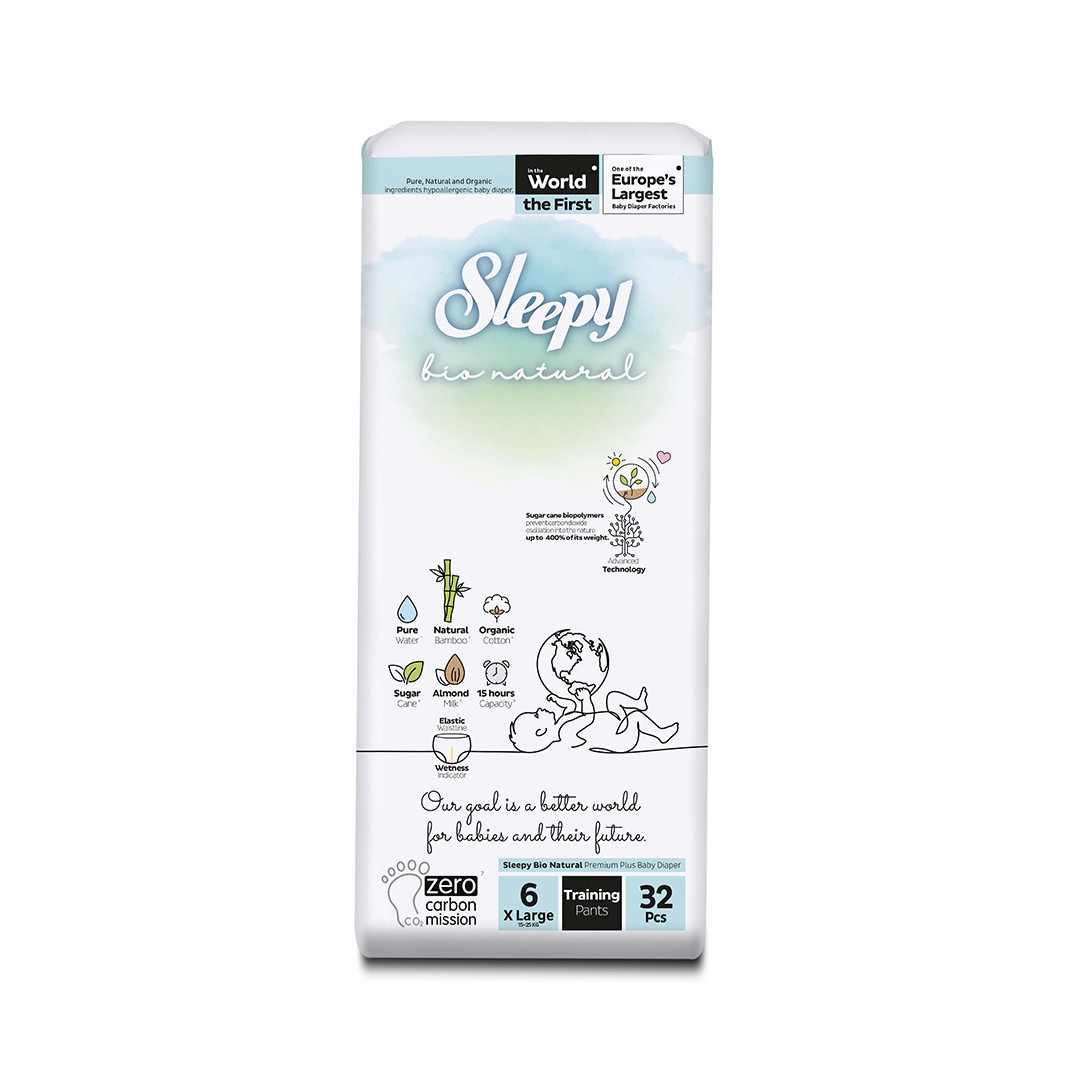 SLEEPY “Bio Natural” sauskelnės-kelnaitės, 6 XLarge (15-25 Kg / 32 Vnt.)