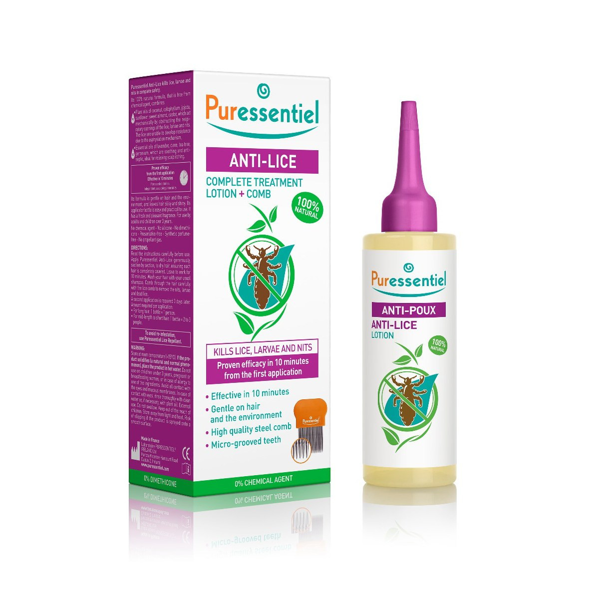 PURESSENTIAL, gydomasis losjonas nuo galvos utėlių + šukos, 1vnt.