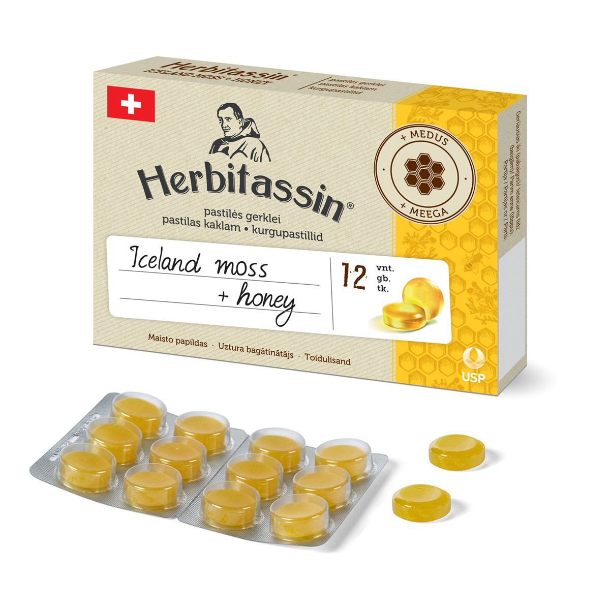 HERBITASSIN, gerklės pastilės su islandine kerpena ir medumi, 12 pastilių