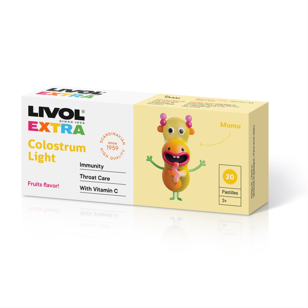 LIVOL EXTRA COLOSTRUM LIGHT, čiulpiamosios pastilės gerklei, 20 pastilių