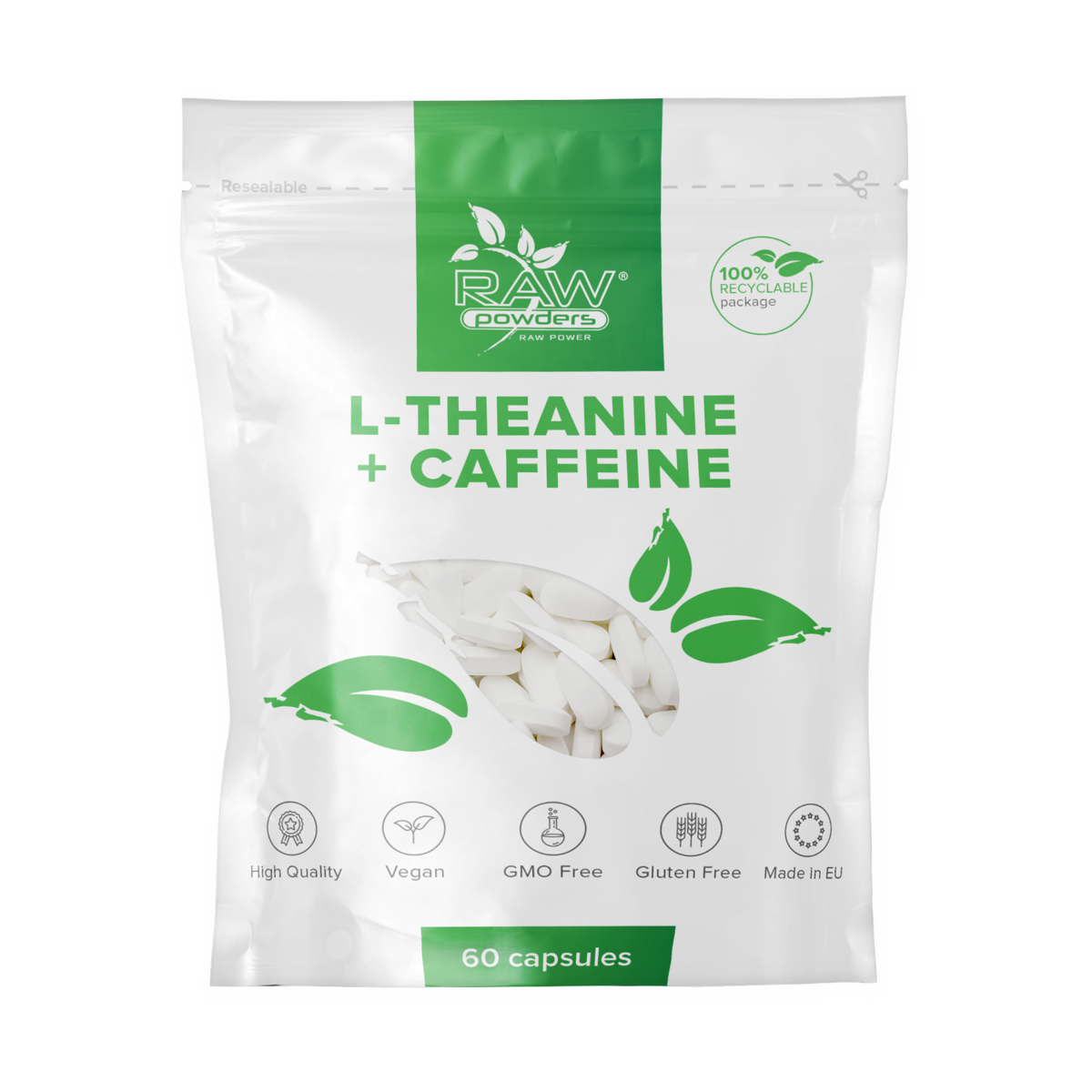 RAW POWDERS L-TEANINAS + KOFEINAS, 60 kapsulių