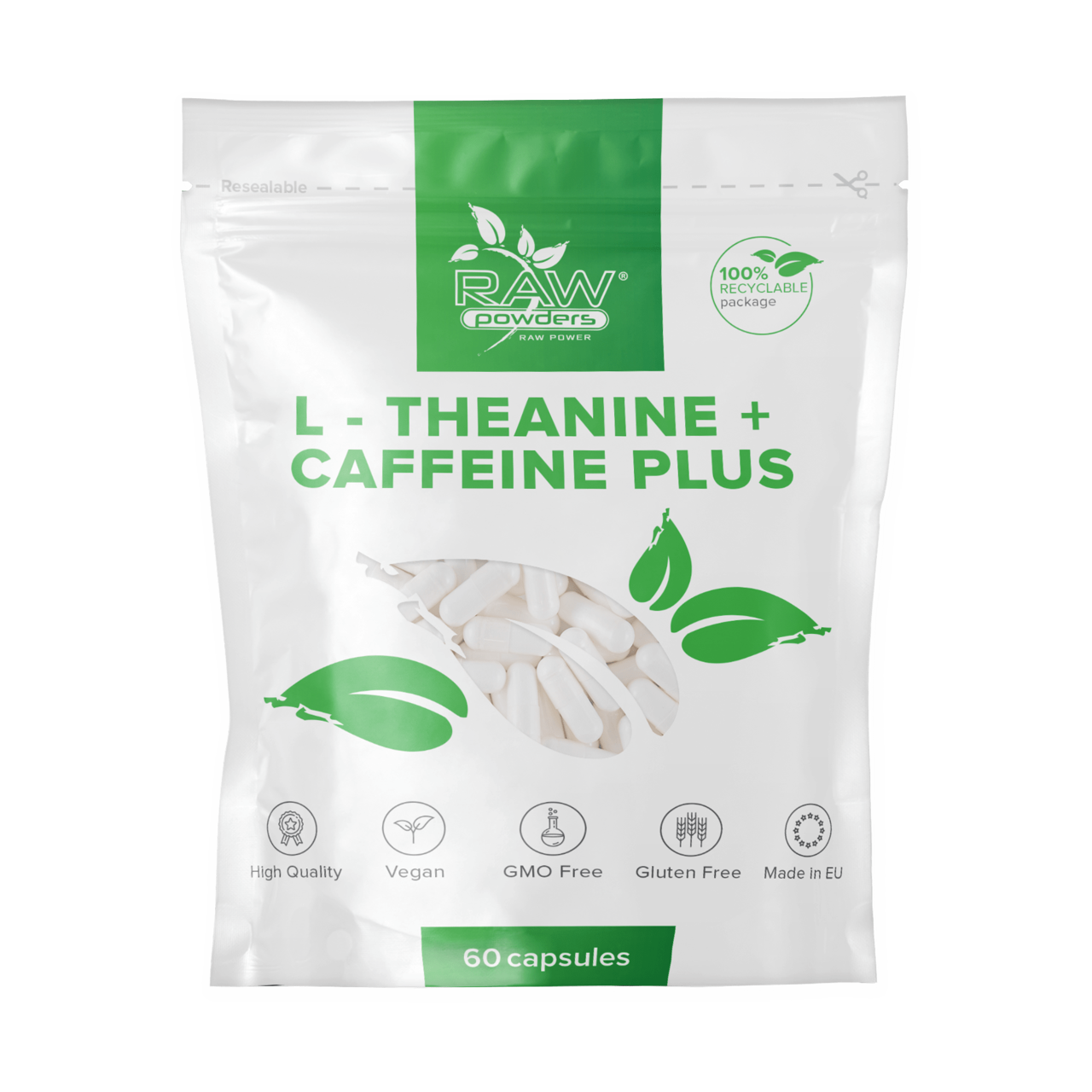 RAW POWDERS L-TEANINAS + KOFEINAS PLUS, 60 kapsulių