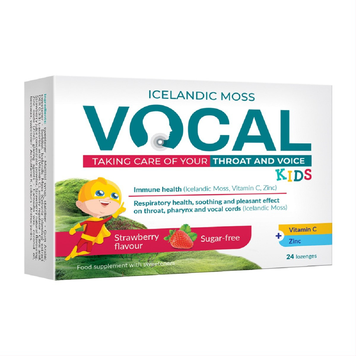 VOCAL KIDS, braškių skonio pastilės gerklei, 24 vnt.