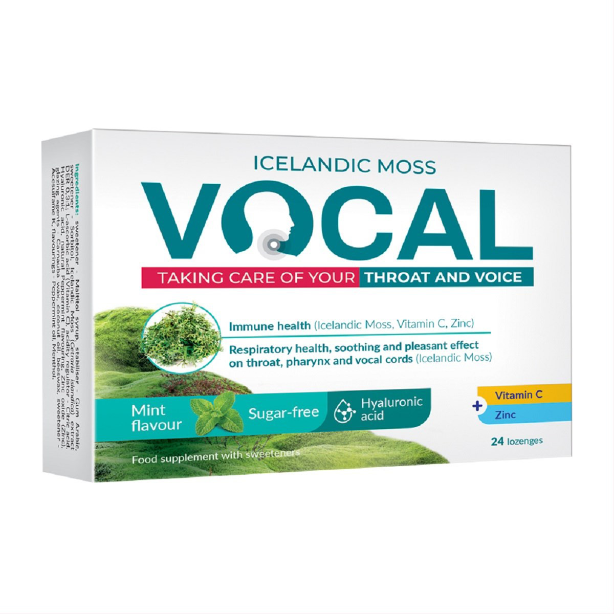 VOCAL, pipirmėčių skonio pastilės gerklei su hialurono rūgštimi, 24 vnt.