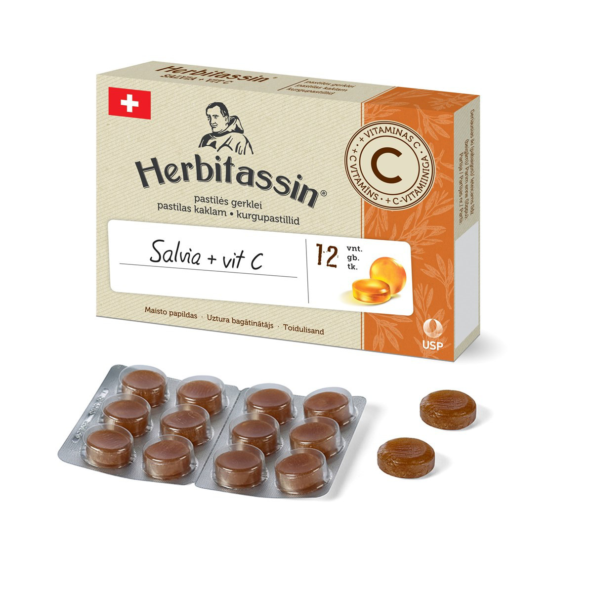 HERBITASSIN, gerklės pastilės su šalavijų ekstraktu ir vitaminu C, 12 pastilių