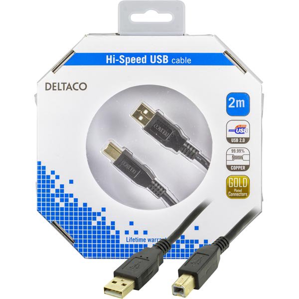 Kabelis DELTACO USB 2.0 "A-B", 2.0m, juodas / USB-218S-K