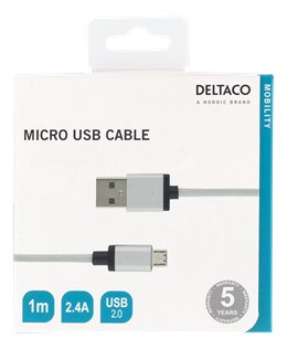 DELTACO USB sinchronizavimo / įkrovimo kabelis, pintas, USB-maitinimas - USB Micro B ma, 1m, 2.4A, U